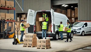 Workers loading boxes of alcoholic drinks into a van for distribution