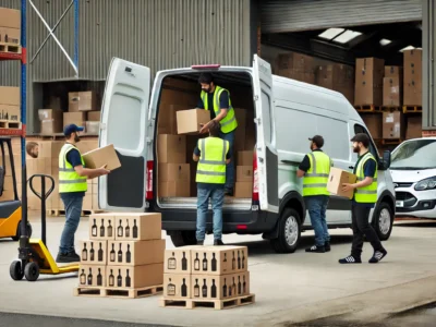 Workers loading boxes of alcoholic drinks into a van for distribution