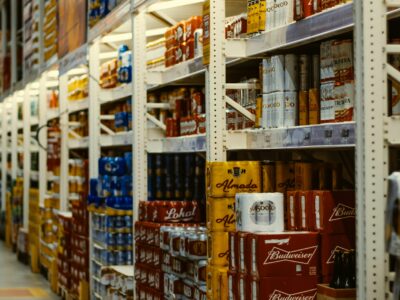 Alcoholic drinks stored in a large warehouse